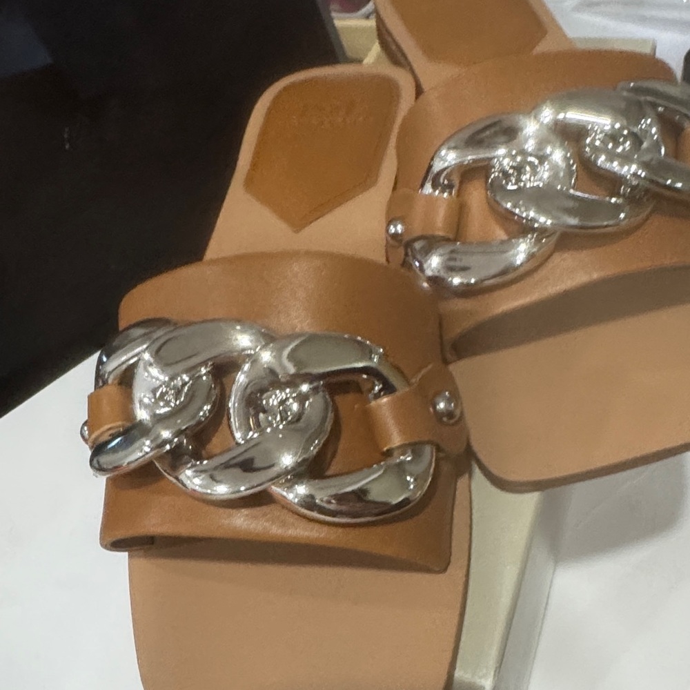 Marc Fisher Tan Slides with Silver Chain Detail